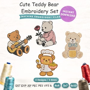 Motifs de broderie ours en peluche | Chef, guitare, miel, rose (cercle 4 x 4) (téléchargement numérique)