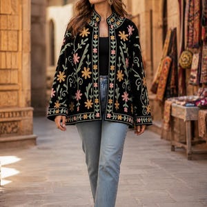 Hand Embroidered Suzani Jacket Black Velvet Floral Coat Boho Vintage Uzbek Style Ethnic Festival Wear Women Statement Jacket Gift