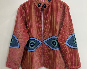 Handmade Velvet Suzani Jacket Women, Evil Eye Embroidered Boho Coat, Artistic Festival Statement Jacket