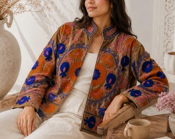 Hand Embroidered Velvet Jacket, Boho Floral Jacket, Handmade Women's Coat, Suzani Style