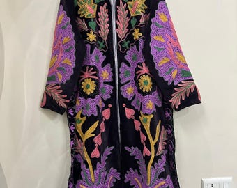 Hand Embroidered Velvet Long Robe, Black Floral Kimono Duster Coat with Belt