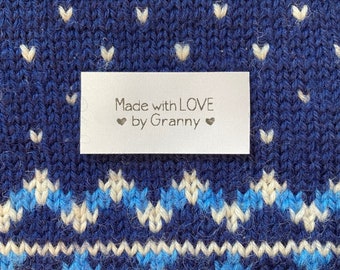 Made with LOVE by Granny soft fabric tag, sewing knit crochet garment quilt label, personalized sew-on Nana Lola Mimi Gigi Grandma Abuela