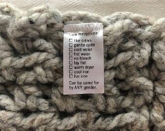 care instructions for handmade goods, tags and labels, wash dry hot and cold, young or old, everyone can do it! feminist equality non gender