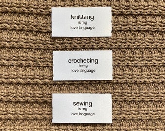 quilt sewing knit crochet craft gift tag label, custom printed supersoft sew-on tags, love language, self care, I am enough labels