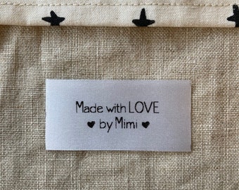 Made with LOVE by Mimi personalized label, sewing knit crochet fabric quilt tag, custom printed sew-on Nana Lola Grandma Gigi Granny Abuela