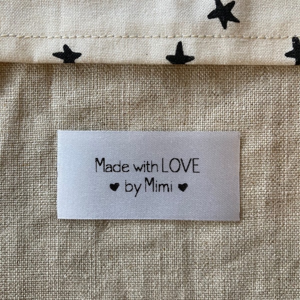 Made with LOVE by Mimi personalisiertes Etikett, Näh-Strick-Häkel-Stoff-Quilt-Tag, individuell bedruckte Nana Lola Oma Gigi Oma Abuela