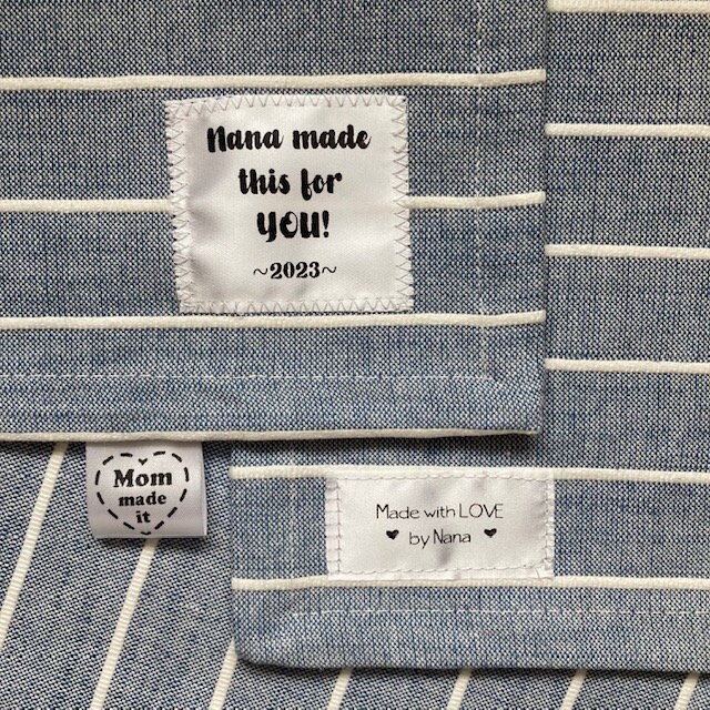 Made With Love By Me sew-in fabric label for clothing.