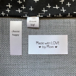 Made with LOVE by Mom label, personalized quilt sewing knit crochet craft gift ribbon tags, custom printed sew-on, Mama Mimi Nana Gigi