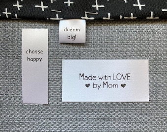 Made with LOVE by Mom label, personalized quilt sewing knit crochet craft gift ribbon tags, custom printed sew-on, Mama Mimi Nana Gigi