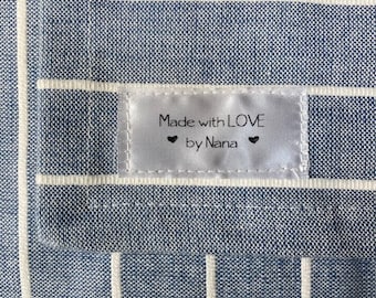 Made with LOVE by Nana tags and labels, sewing knit crochet craft quilt, custom printed sew-on, personalized ribbon tags grandma, mimi, gigi