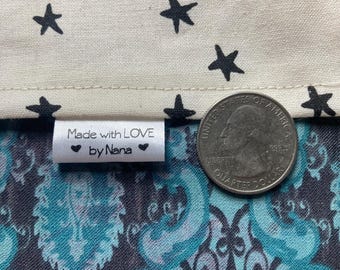 tiny Made with LOVE by Nana tags and labels, sewing knit crochet craft quilt, custom print fold, personalize ribbon tag grandma, mimi, gigi
