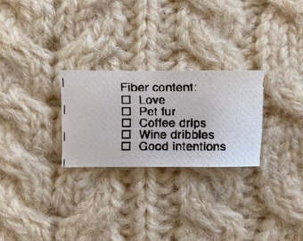 fiber content tags for handmade goods, cat lady, snarky, wine drinker, coffee enthusiast, knit, crochet, sew, crafter notions supplies