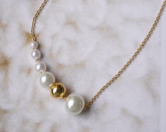 Gift for Her, Minimal Pearl Necklace with Gold Beads, Elegant Vintage Inspired Everyday Necklace