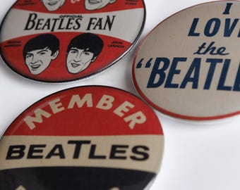 Set of 3 Vintage Beatles Button Pins Reproduction • Novelty Pins