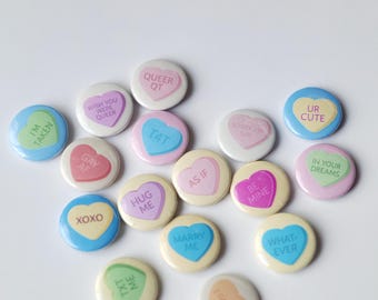 Queer Conversation Hearts • Candy Hearts Pinback Button Pin