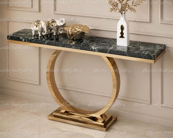Handmade Green Marble Console Table – Gold Metal Circular Base Entryway Table – Luxury Modern Console Decor Modern Marble Console Table