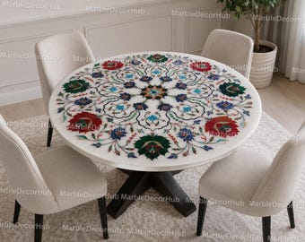 Handmade Marble Inlay Dining Table – Floral Pietra Dura Round Luxury Home Decor