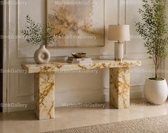 Honey Onyx Console Table – Handcrafted Amber Stone Entryway Table Luxury Minimalist Hallway Furniture, Natural Onyx Side Table Console Table