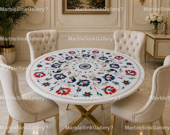 Luxury Marble Inlay Dining Table | Handmade White Marble Peacock Pietra Dura Table | Round Dining Table Top Round Marble Inlay Dining Table