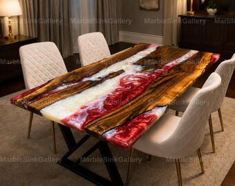 Luxury Red & White Epoxy River Dining Table | Live Edge Olive Wood Table | Handmade Resin Dining Table | Modern Dining Room Furniture