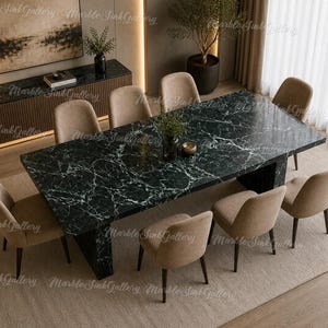 Mesa de comedor de mármol verde de lujo, mesa rectangular moderna de piedra con base de pedestal – Muebles de comedor contemporáneos Mesa de comedor de mármol verde