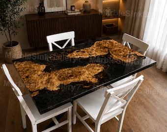 Handmade Black Resin River Dining Table – Luxury Burl Wood Epoxy Table with Modern Artistic Design Modern Epoxy River Dining Table