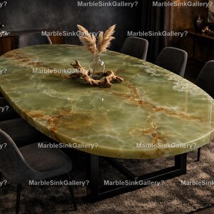 Luxury Green Onyx Dining Table – Handmade Oval Stone Dining Table  Green Onyx Oval Dining Table – Natural Stone Dining Room Table