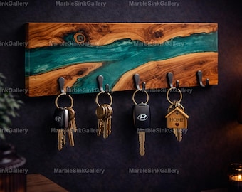 Teal Epoxy Resin River Key Holder, Live Edge Wooden Key Rack Wall Mount, Rustic Modern Entryway Decor , Blue Teal Resin River Key Rack,