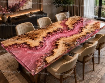 Pink Epoxy River Dining Table, Live Edge Wood Table, Luxury Resin Dining Table, Handmade Walnut Dining Table,  Luxury Pink Resin River Table
