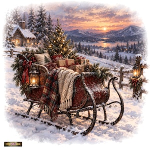 May include: A red wooden sleigh filled with wrapped gift boxes, a plaid blanket, and a cream-colored knit throw. The sleigh is decorated with pine branches, a red bow, and a lit lantern, set in a snowy landscape with a cabin and mountains.
