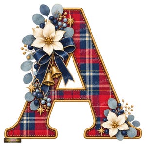 Peut inclure: Une lettre A décorative avec un motif écossais rouge et bleu et une bordure dorée. Elle est ornée de fleurs de poinsettia blanches, de rubans bleu foncé, de clochettes dorées, de baies bleues, de feuilles d'eucalyptus et d'étoiles dorées.