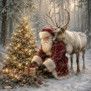 May include: Santa Claus with a long white beard and red velvet coat kneels in a snowy forest next to a reindeer. A decorated Christmas tree with glowing lights stands nearby, and a wrapped gift box sits on the snow in front of Santa.