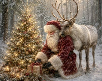 Puede incluir: Santa Claus con una larga barba blanca y un abrigo de terciopelo rojo se arrodilla en un bosque nevado junto a un reno. Un árbol de Navidad decorado con luces brillantes se encuentra cerca, y un regalo envuelto descansa sobre la nieve.