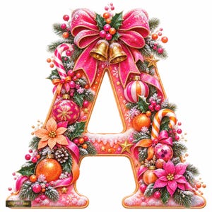 May include: A decorative letter A featuring a festive Christmas theme with pink ribbons, gold bells, candy canes, poinsettia flowers, pine branches, and colourful ornaments. The letter has a frosted, snowy texture and includes small gold stars.