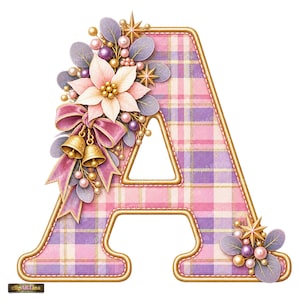 May include: A decorative letter A featuring a pink and purple plaid pattern with gold trim. The letter is adorned with a large pale pink poinsettia, two small gold bells, a pink ribbon, purple leaves, and small gold and purple spherical ornaments.