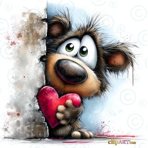 May include: A cartoon illustration of a brown and tan furry creature with large, expressive eyes and a big nose, holding a red heart. The creature peeks out from behind a white wall with red paint splatters, set against a light blue background.
