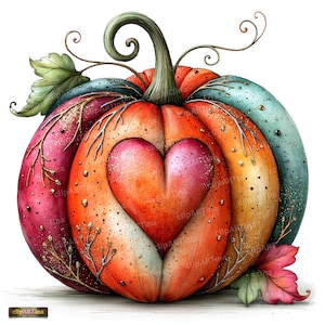 Può includere: Un'illustrazione di zucca decorativa con una forma a cuore centrale, resa in tonalità arancione, rosa e verde acqua. La zucca ha un gambo verde con viticci ricci, macchioline dorate e piccoli accenti a forma di ramo. Il testo clipARTina è visibile.