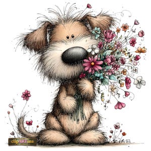 39 JPG Whimsical Dog Clipart Bundle – Funny Animals with Flowers, Watercolor Style, Digital Download, Junk Journal, Paper Craft