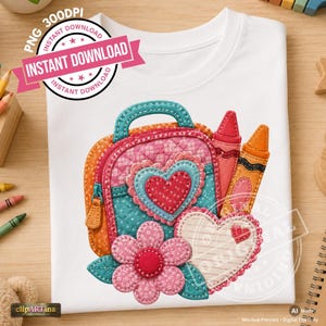 May include: A white t-shirt featuring a colorful graphic of a quilted lunchbox, a pink crayon, an orange crayon, a pink flower, and a heart-shaped note. The lunchbox is teal and pink with a heart pattern. The design includes text reading INSTANT DOWNLOAD.