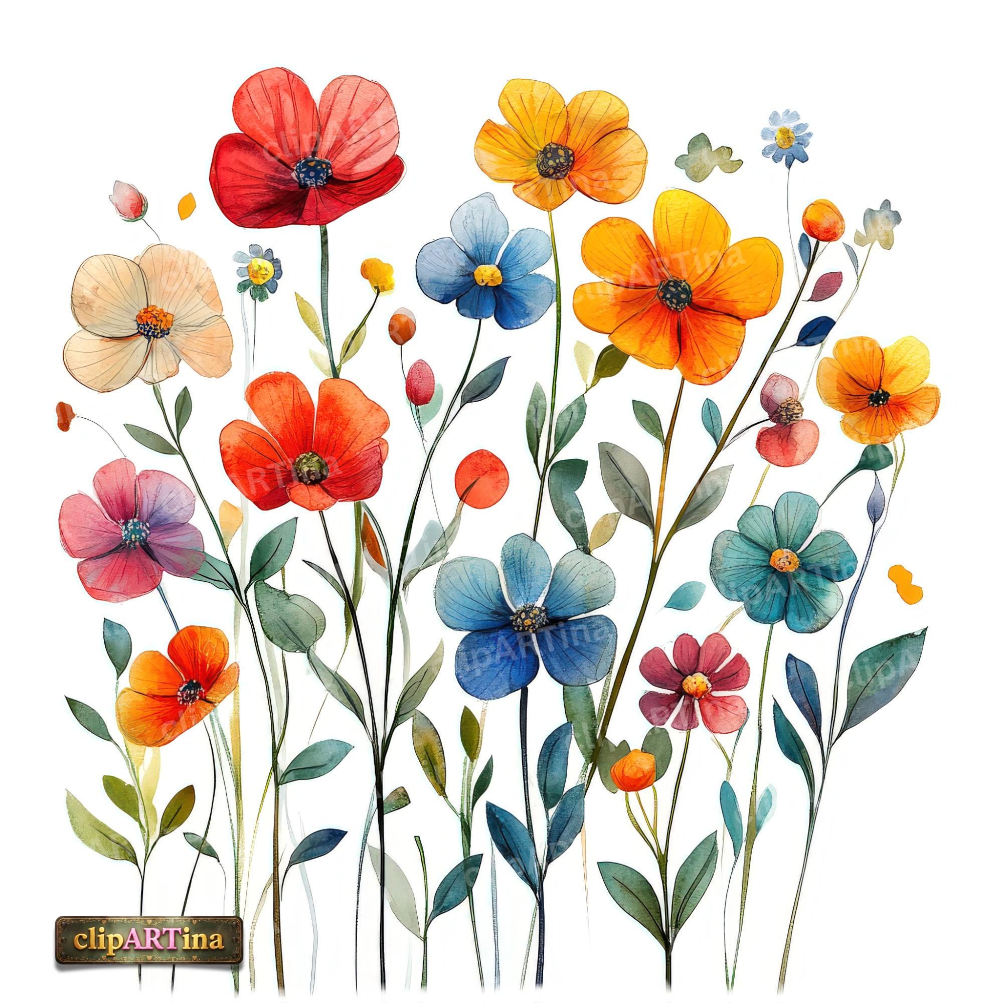 12 JPG Wildflowers Clipart Bundle – Colorful Watercolor Flowers ...