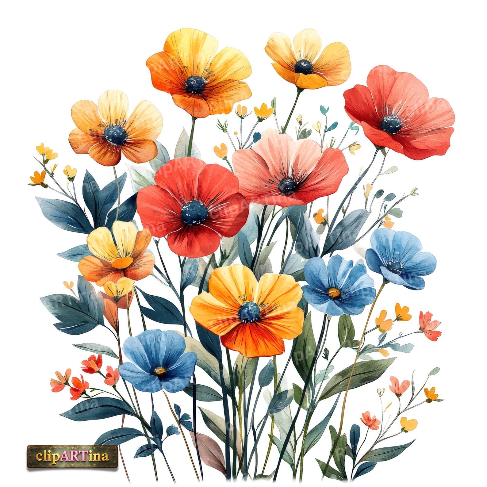 12 JPG Wildflowers Clipart Bundle – Colorful Watercolor Flowers ...