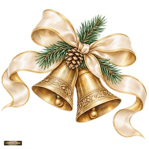 Puede incluir: Dos campanas de metal dorado con patrones florales en relieve y badajos redondos, atadas con una cinta ancha de color crema con bordes dorados, acentuadas por agujas de pino verdes y una pequeña piña marrón.