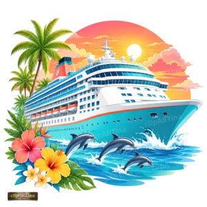 Puede incluir: Ilustración digital de un crucero al atardecer con delfines saltando en el océano. Palmeras y flores tropicales enmarcan el barco. El barco es azul y blanco con detalles en naranja.
