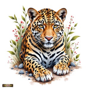 May include: A digital illustration of a leopard with golden fur and black spots, lying down on a patch of dirt with small grey stones. The leopard is surrounded by thin green stems with small pink flowers on both sides against a white background.