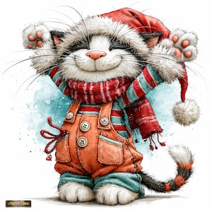 Könnte beinhalten: Eine schwarz-weiße Katzenillustration mit einer roten Weihnachtsmütze mit weißem Bommel, einem rot-türkis gestreiften Schal und einer orangefarbenen Latzhose mit Knöpfen. Die Katze hat die Pfoten erhoben, eine rosa Nase und einen langen gestreiften Schwanz.