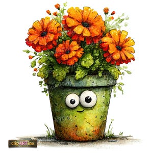 May include: A cartoon-style illustration of a flower pot with a smiling face, filled with bright orange flowers and green leaves. The pot is a mottled green colour, and the flowers have dark centres. The image has a watercolour style.