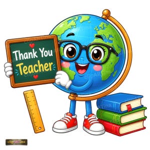 Może przedstawiać: Postać globusa z kresk&oacute;wki w czarnych okularach trzyma zieloną tablicę z napisem Thank You Teacher w kolorze białym i ż&oacute;łtym. Postać ma na sobie czerwono-białe trampki i stoi obok ż&oacute;łtej linijki oraz stosu trzech książek ułożonych w słupek.