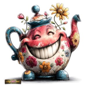 May include: A whimsical teapot with a smiling face, adorned with colorful flowers and a blue handle and spout. The teapot has a vintage, distressed look, with a blue lid and base. Flowers sprout from the top, adding to its cheerful design.