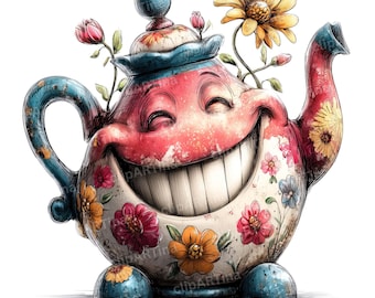 Puede incluir: Una tetera caprichosa con una cara sonriente, adornada con flores coloridas y un asa y un pico azules. La tetera tiene un aspecto vintage y desgastado, con una tapa y una base azules. Las flores brotan de la parte superior, lo que se suma a su diseño alegre.