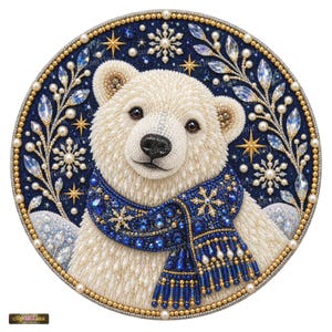 May include: A circular decorative art piece featuring a white polar bear wearing a blue scarf adorned with crystals and beads. The background is a deep blue with gold stars, white snowflakes, and crystal-embellished branches along the edges.